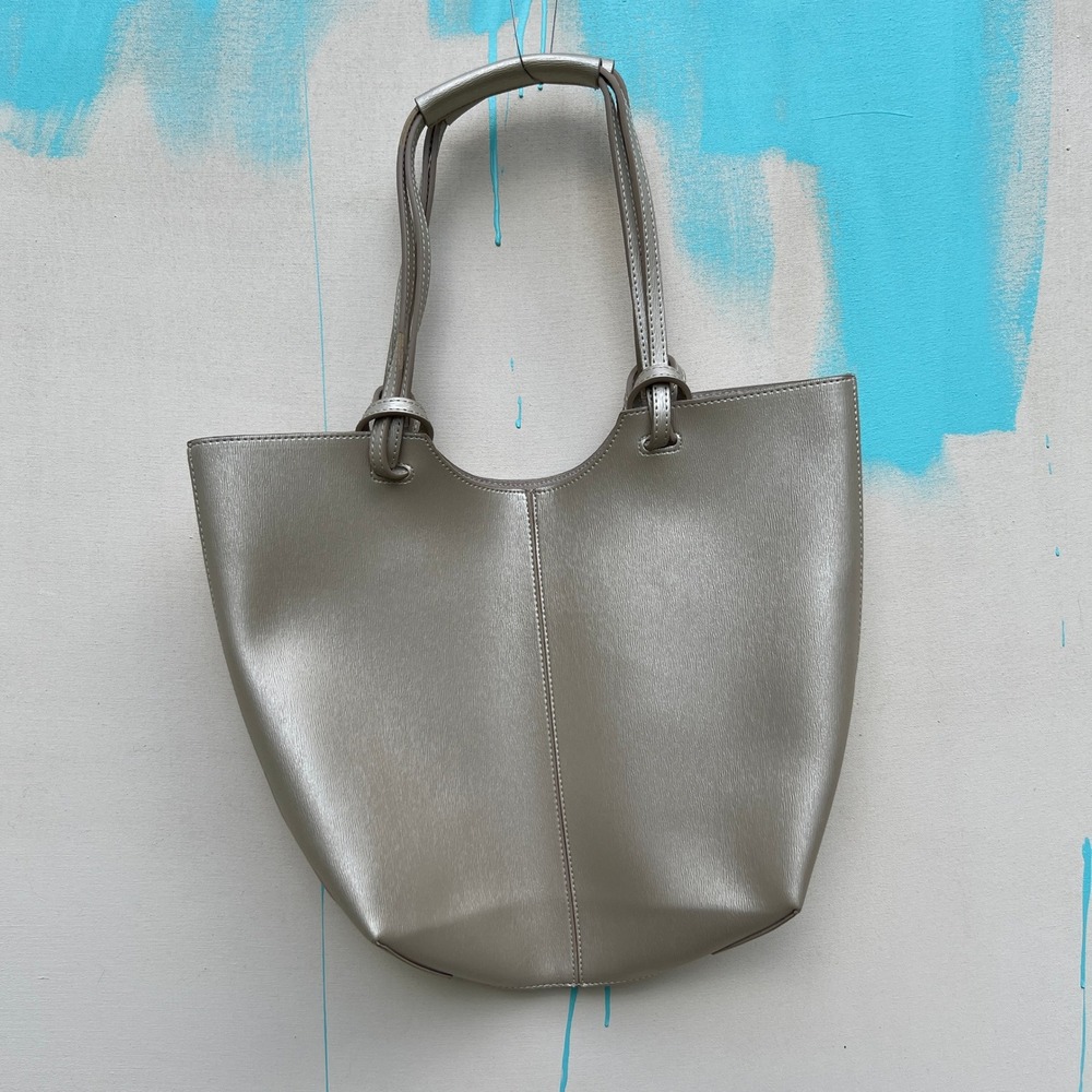 Nordstrom Vintage 2000s Metallic Leather Tote Bag Handbag 12x12 Inch Silver Y2K